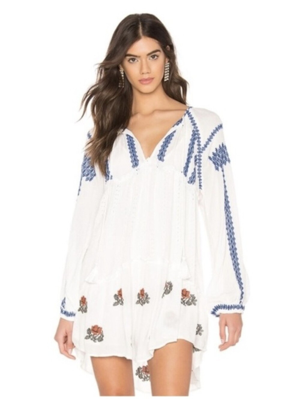 Free People Wild Horses Embroidered Mini Dress Medium White Blue Boho - Picture 4 of 15